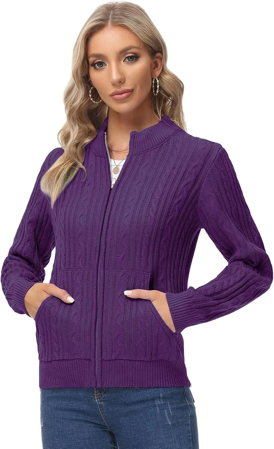 KANCY KOLE Women's Zip Up Cable Knit Sweater Long Sleeve Open Front Cardigan Warm Cardigan with Pockets Outwear Coat