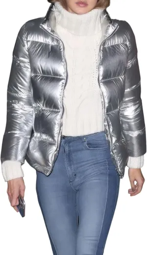 KANSOON Women's Cropped Puffer Jacket Winter Shiny Zip Up Padded Warm Quilted Jackets Short Down Coats
