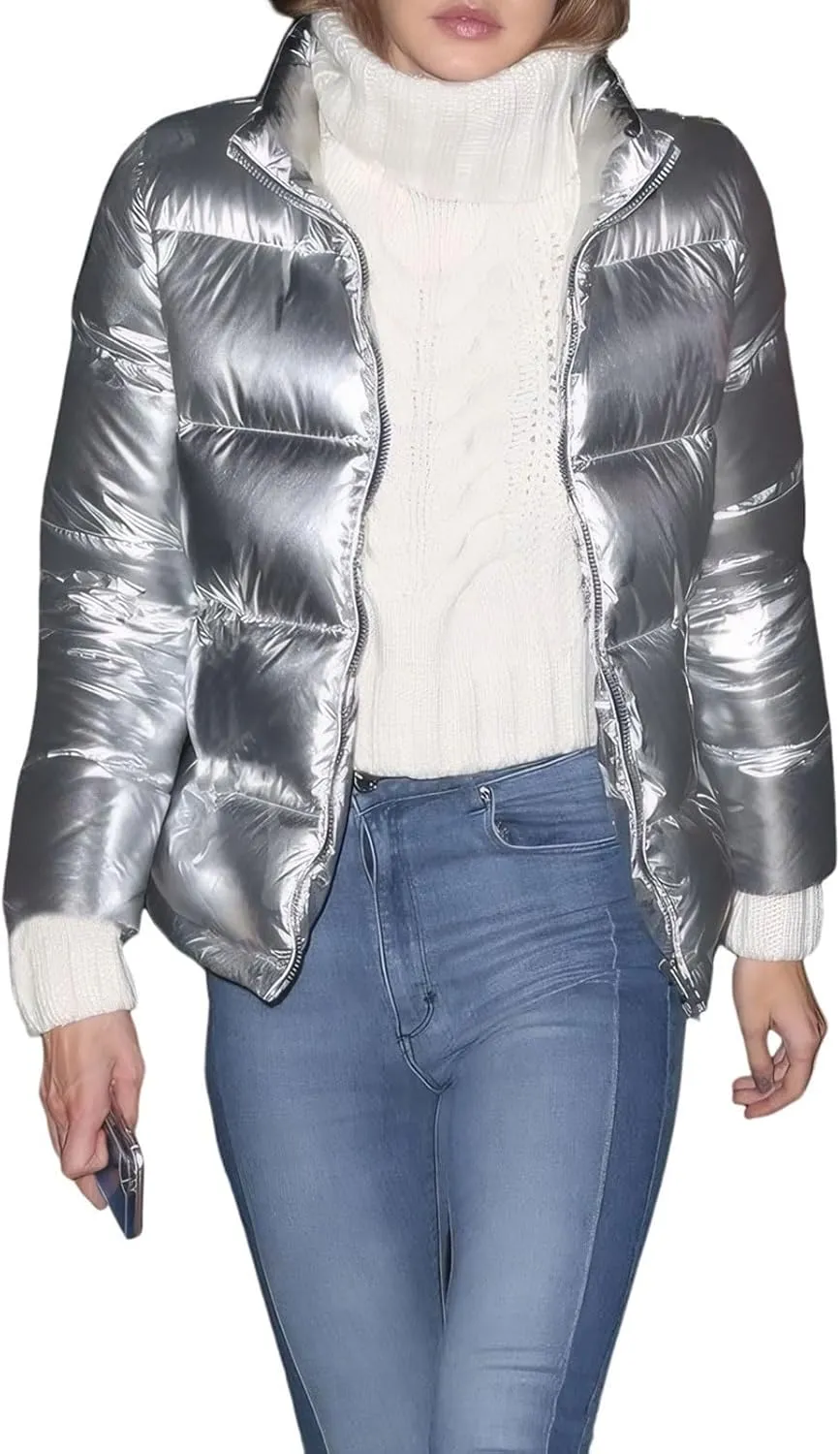 KANSOON Women's Cropped Puffer Jacket Winter Shiny Zip Up Padded Warm Quilted Jackets Short Down Coats