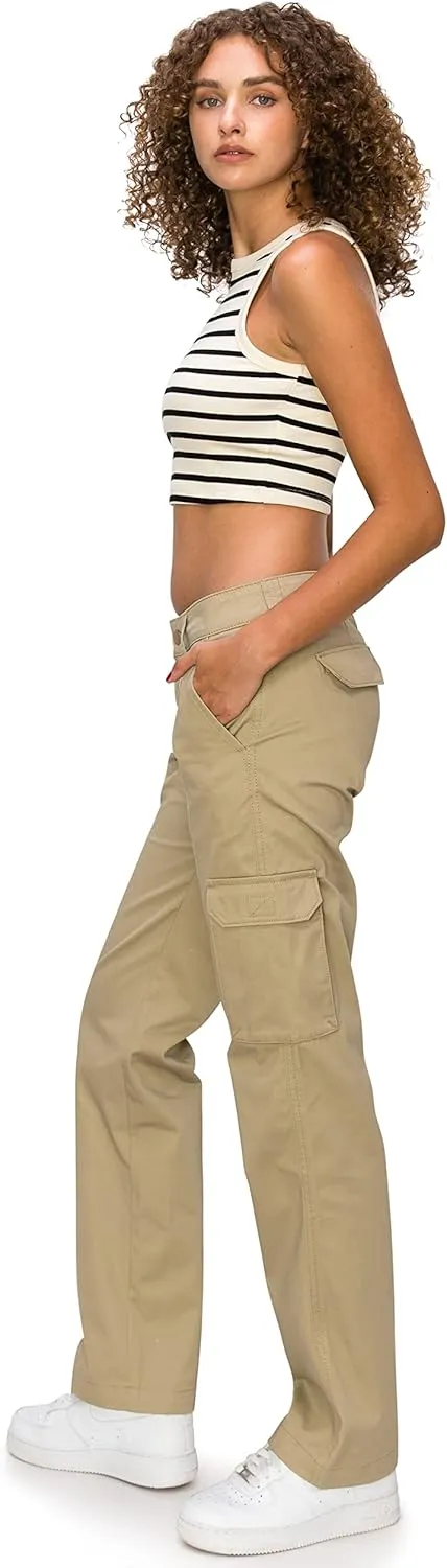KHAKI & BLUE Women's Work Pants  Mid Rise Relaxed Fit Straight Leg Cargo Casual Trousers with Multi Pockets