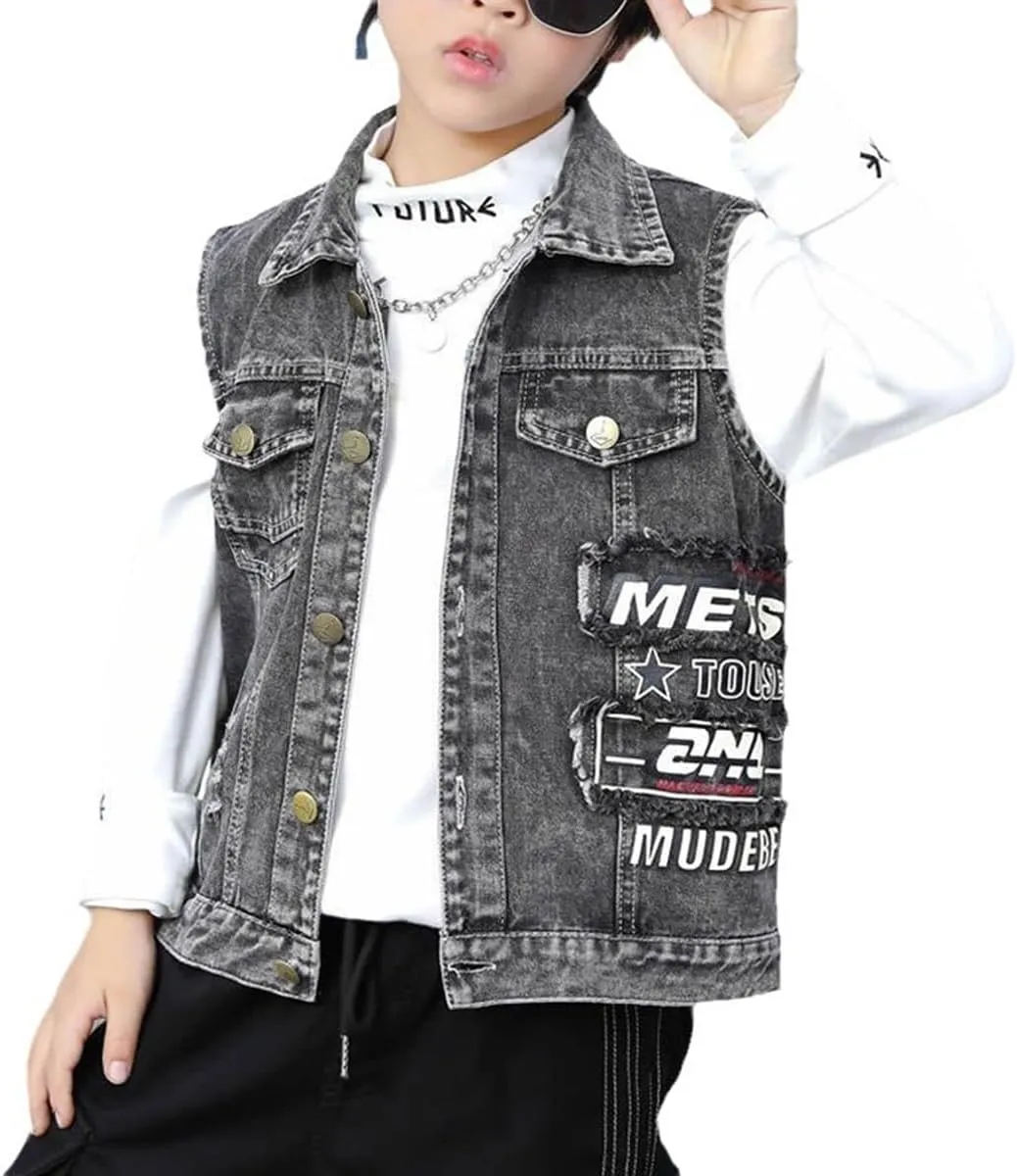 Kids Boys Fashion Sleeveless Denim Jacket Vest Black Blue Denim Motorcycle Biker Jean Vest Coat Age 3-14 Years