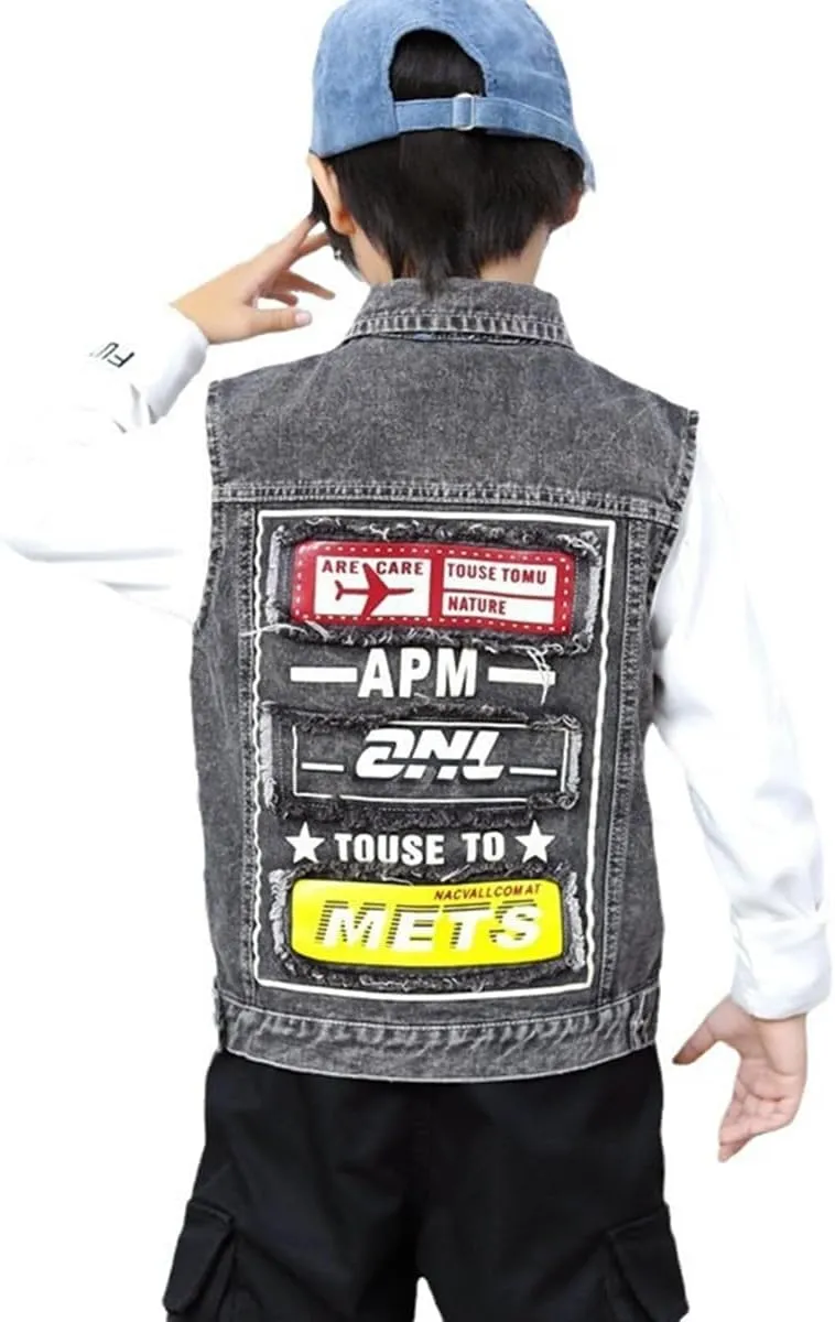 Kids Boys Fashion Sleeveless Denim Jacket Vest Black Blue Denim Motorcycle Biker Jean Vest Coat Age 3-14 Years