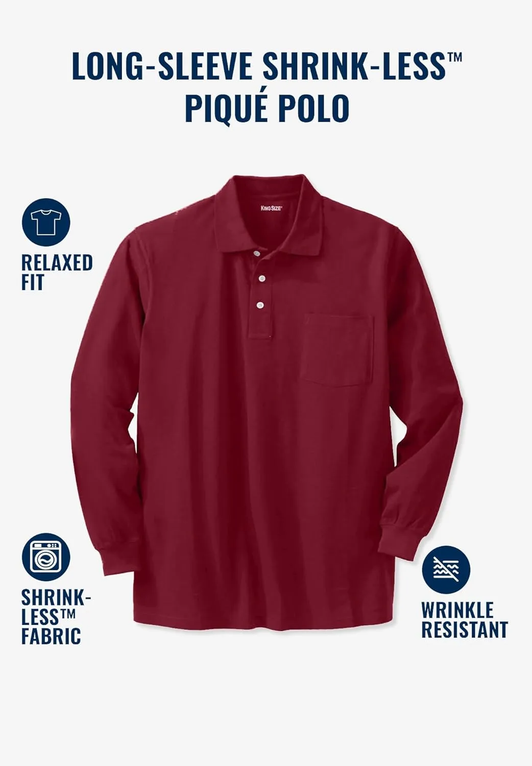 KingSize Men's Big & Tall Long-Sleeve Shrink-Less Piqu Polo
