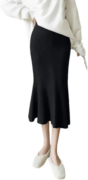 Knit Midi Long Mermaid Skirt Women Winter Warm Solid High Waist Pencil Skirt