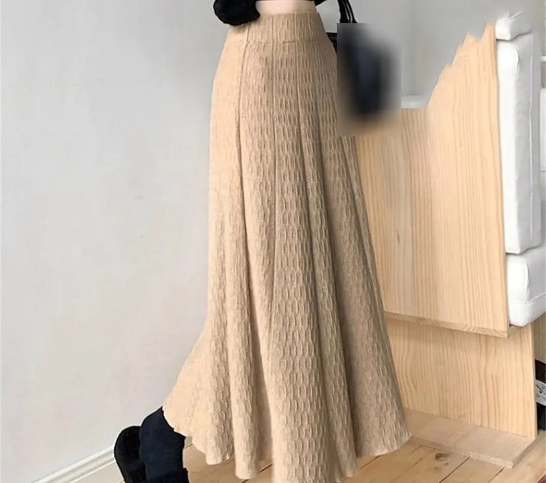 Knitted Long Skirt Women Autumn Winter Pleated High Waist Skirts A-Line Skirt Lady Slim Midi Skirt
