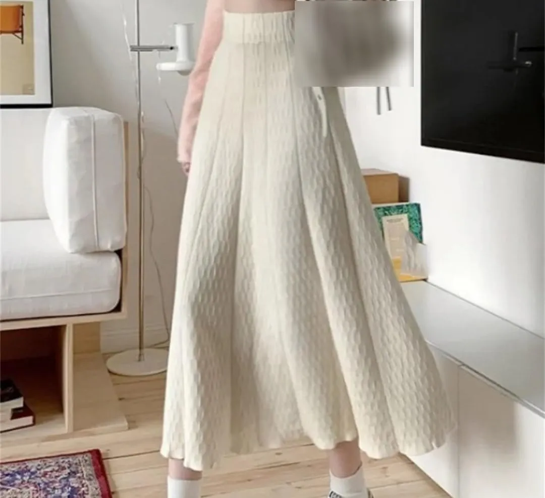 Knitted Long Skirt Women Autumn Winter Pleated High Waist Skirts A-Line Skirt Lady Slim Midi Skirt