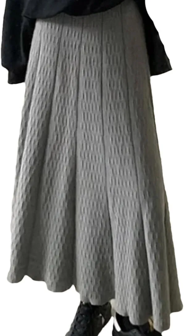 Knitted Long Skirt Women Autumn Winter Pleated High Waist Skirts A-Line Skirt Lady Slim Midi Skirt