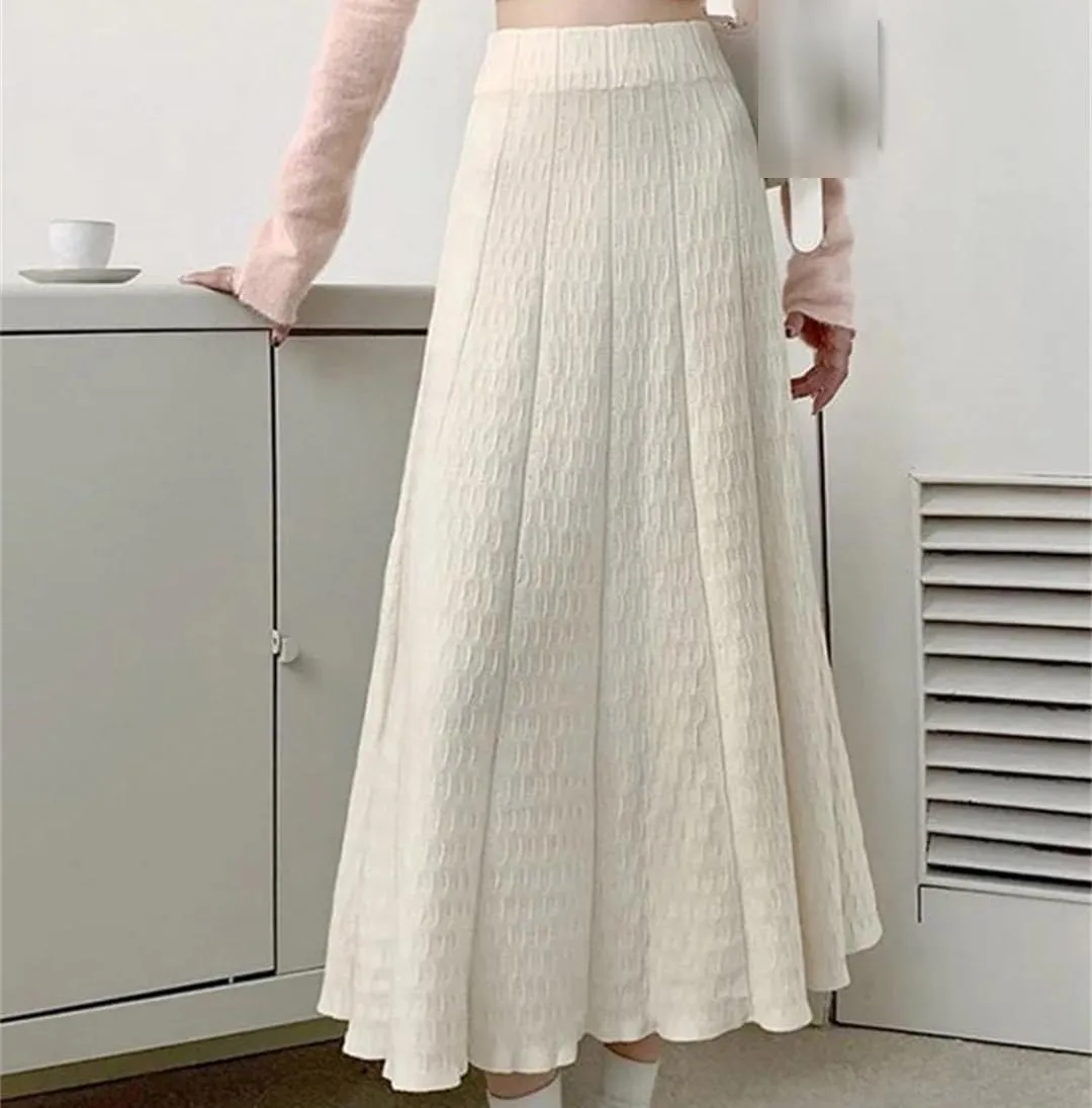 Knitted Long Skirt Women Autumn Winter Pleated High Waist Skirts A-Line Skirt Lady Slim Midi Skirt