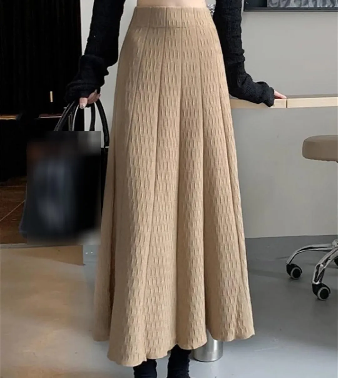 Knitted Long Skirt Women Autumn Winter Pleated High Waist Skirts A-Line Skirt Lady Slim Midi Skirt