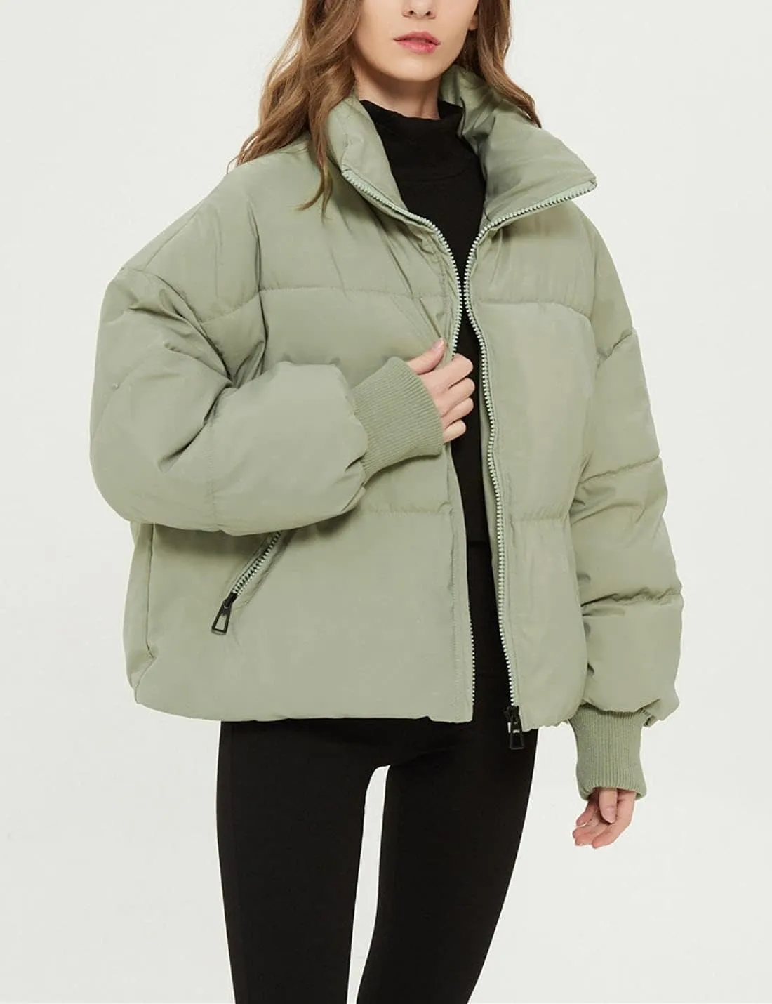 Kwoki Women's Zipper Puffer Jacket Baggy Long Sleeve Stand Collar Winter Short Down Coat
