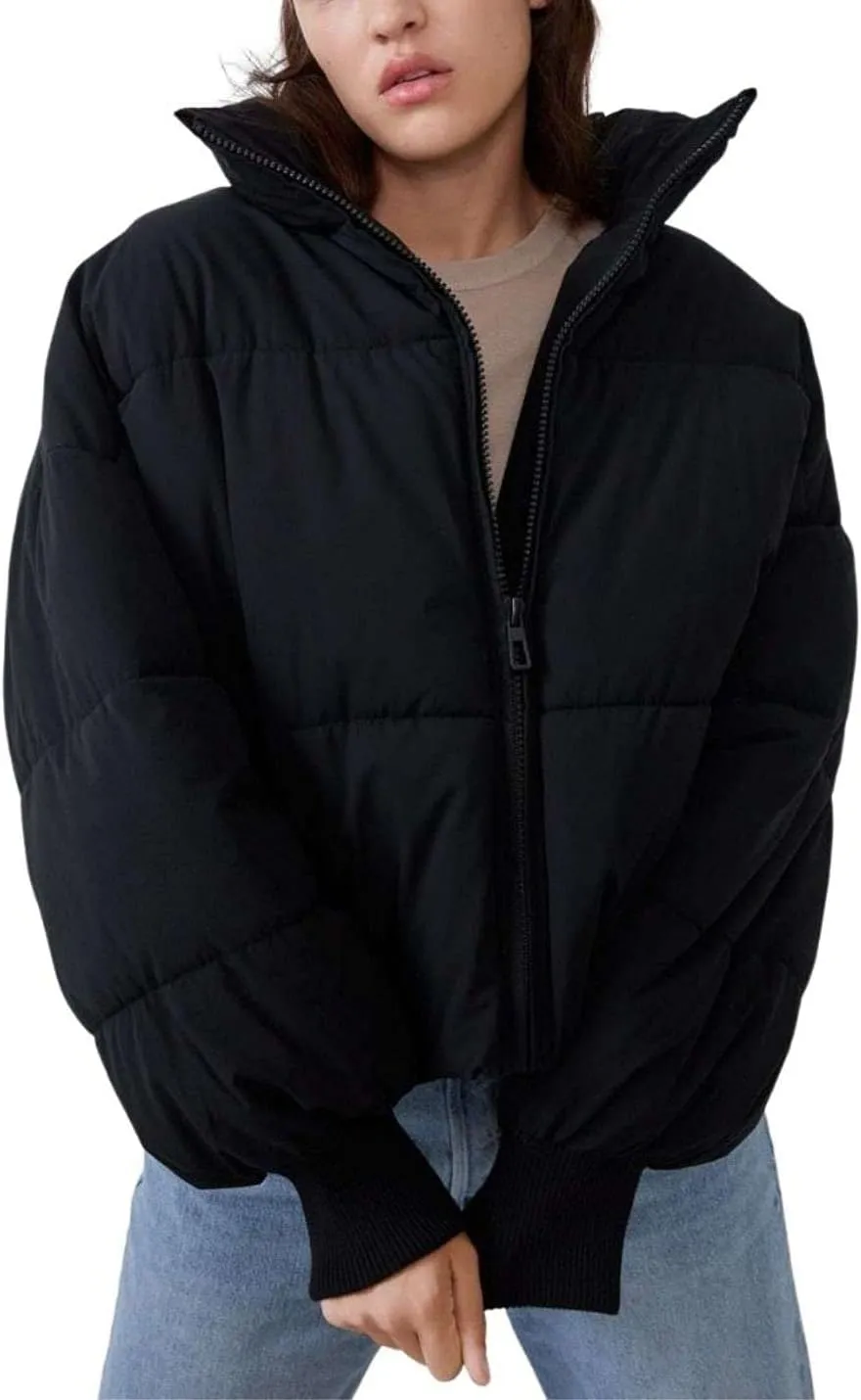 Kwoki Women's Zipper Puffer Jacket Baggy Long Sleeve Stand Collar Winter Short Down Coat
