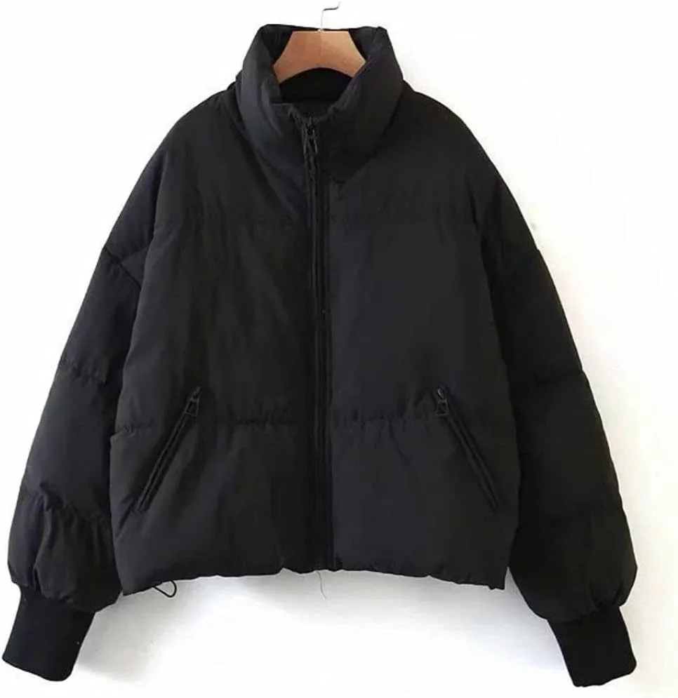 Kwoki Women's Zipper Puffer Jacket Baggy Long Sleeve Stand Collar Winter Short Down Coat