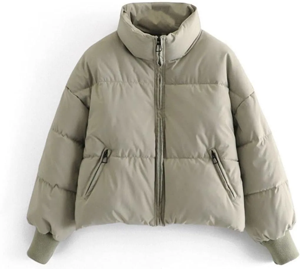 Kwoki Women's Zipper Puffer Jacket Baggy Long Sleeve Stand Collar Winter Short Down Coat