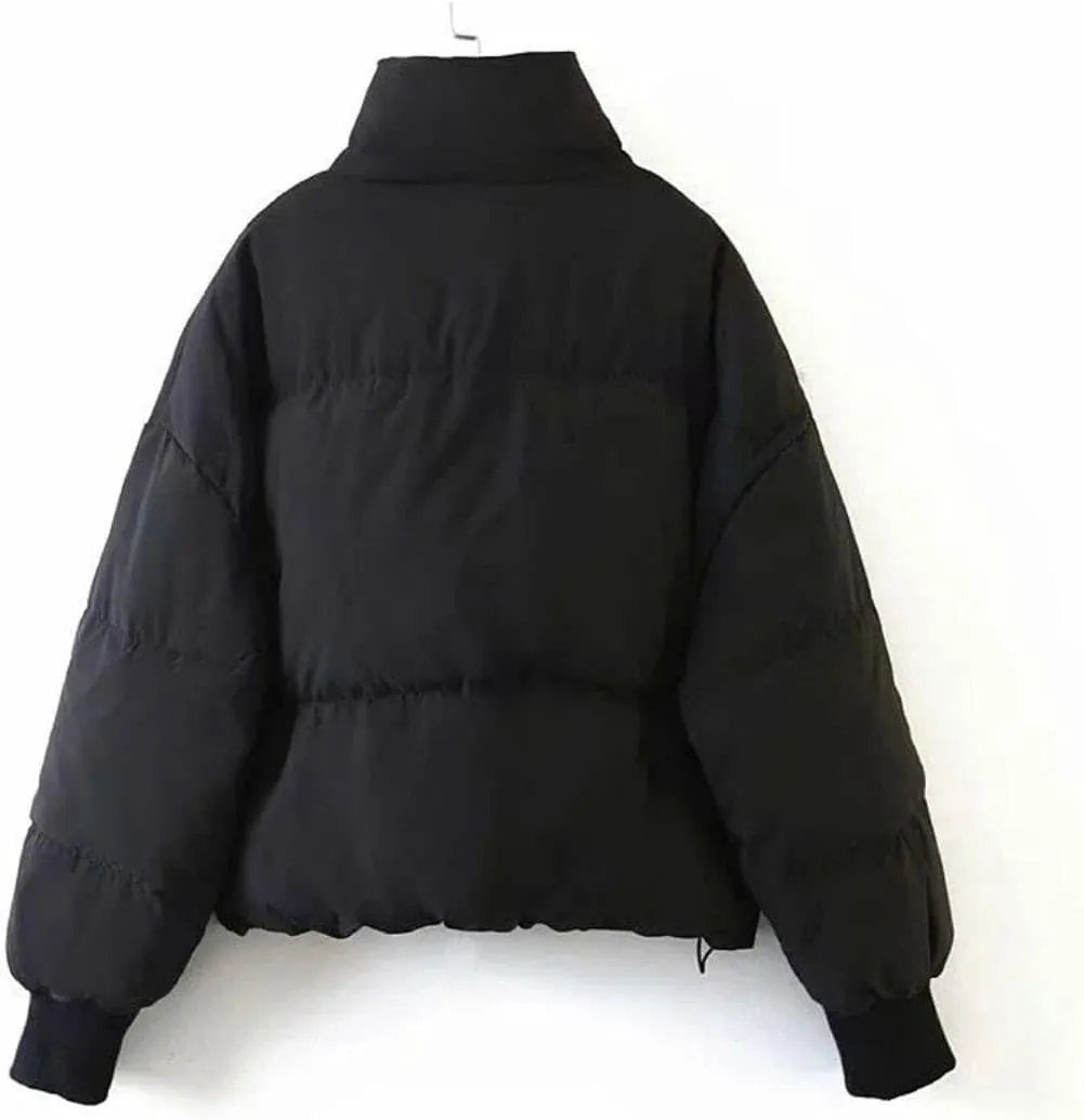 Kwoki Women's Zipper Puffer Jacket Baggy Long Sleeve Stand Collar Winter Short Down Coat