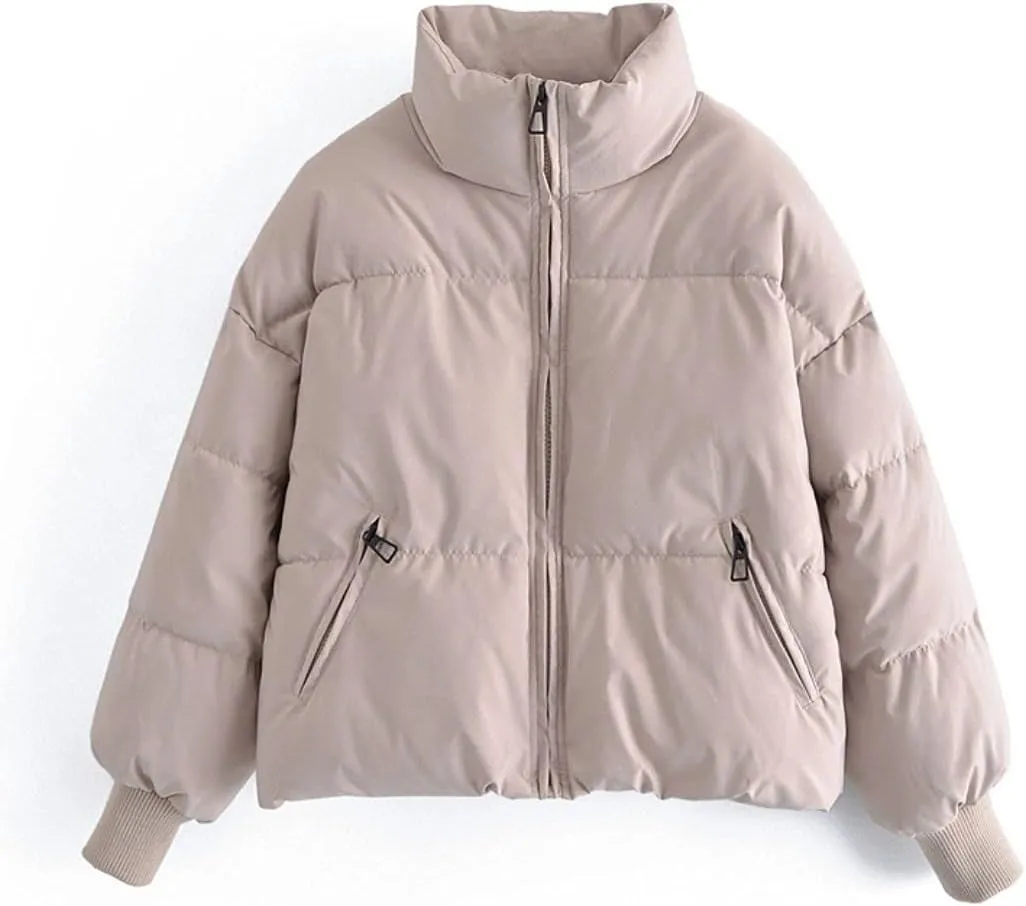 Kwoki Women's Zipper Puffer Jacket Baggy Long Sleeve Stand Collar Winter Short Down Coat