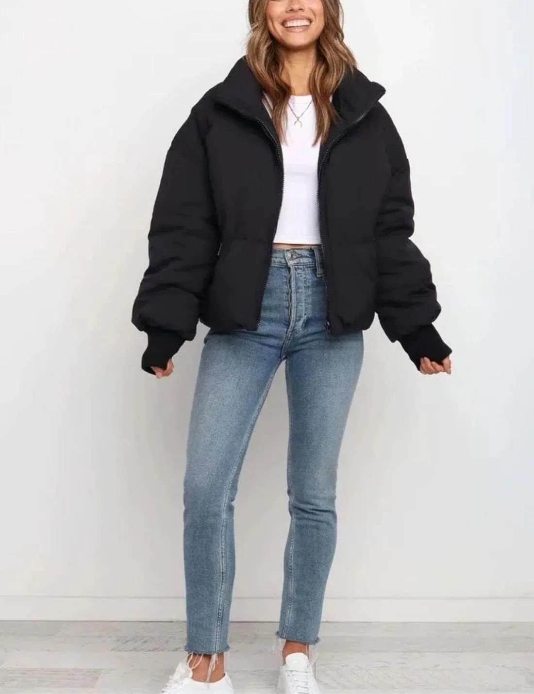 Kwoki Women's Zipper Puffer Jacket Baggy Long Sleeve Stand Collar Winter Short Down Coat