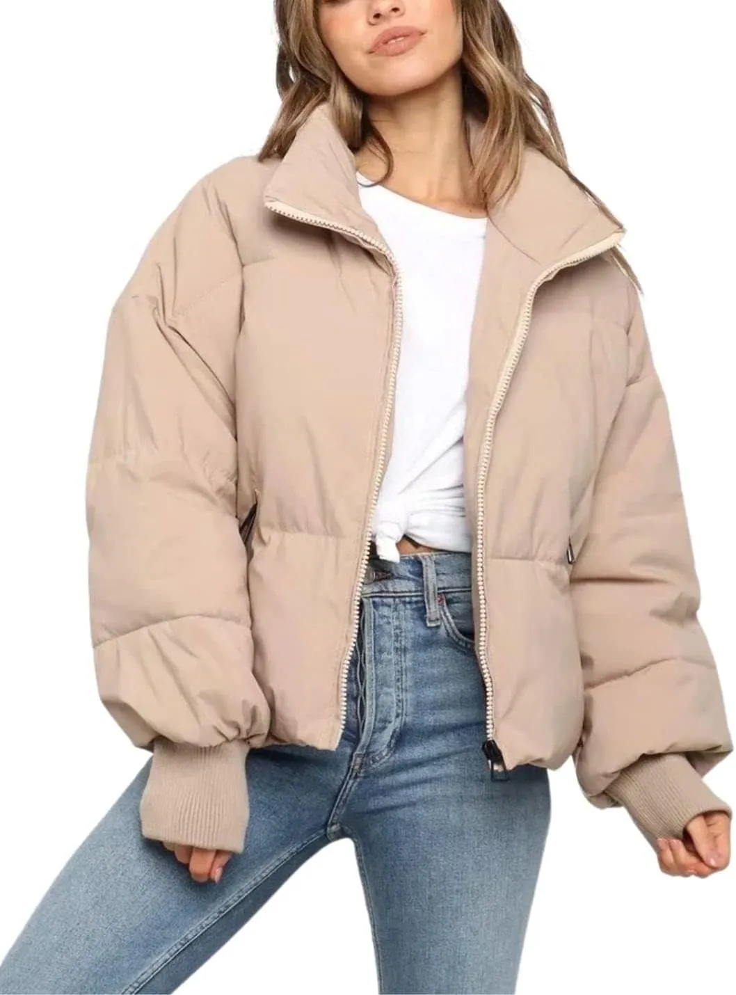 Kwoki Women's Zipper Puffer Jacket Baggy Long Sleeve Stand Collar Winter Short Down Coat