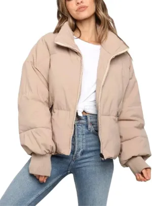 Kwoki Women's Zipper Puffer Jacket Baggy Long Sleeve Stand Collar Winter Short Down Coat