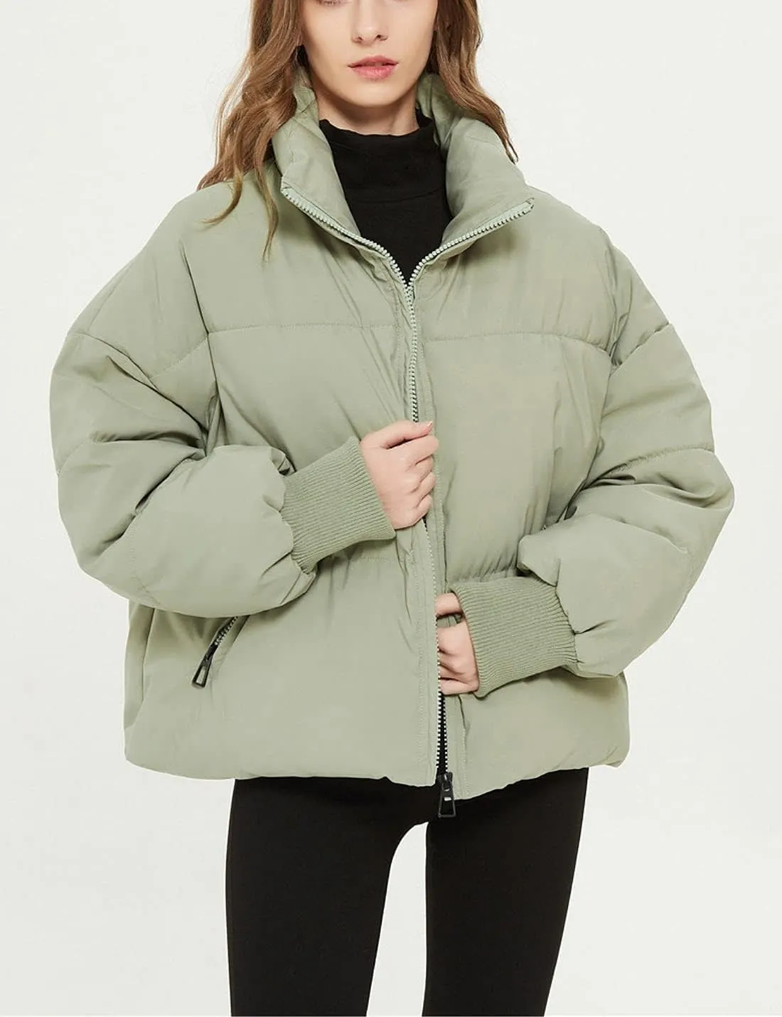 Kwoki Women's Zipper Puffer Jacket Baggy Long Sleeve Stand Collar Winter Short Down Coat