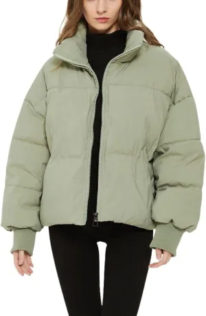 Kwoki Women's Zipper Puffer Jacket Baggy Long Sleeve Stand Collar Winter Short Down Coat