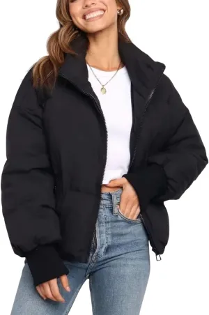 Kwoki Women's Zipper Puffer Jacket Baggy Long Sleeve Stand Collar Winter Short Down Coat