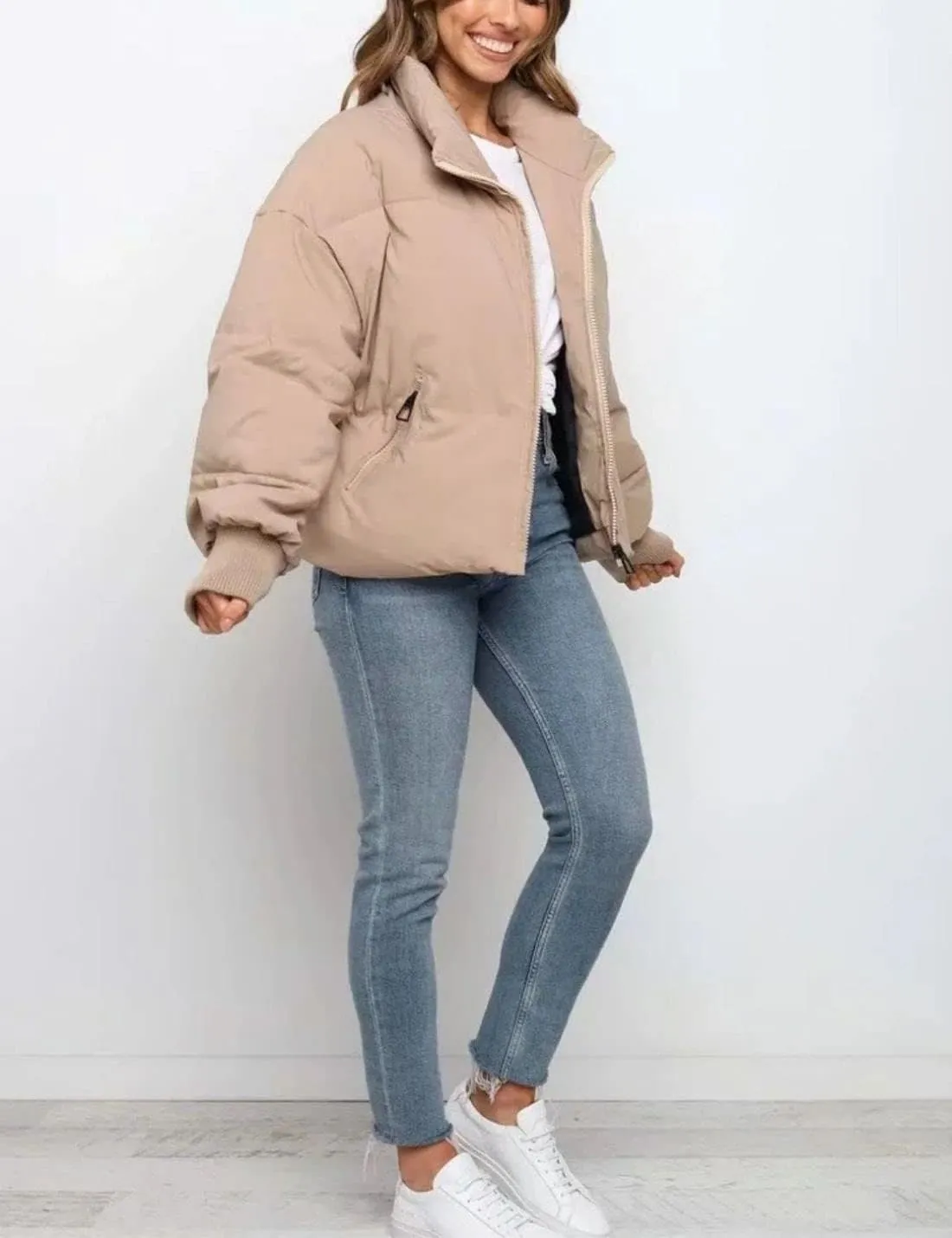 Kwoki Women's Zipper Puffer Jacket Baggy Long Sleeve Stand Collar Winter Short Down Coat