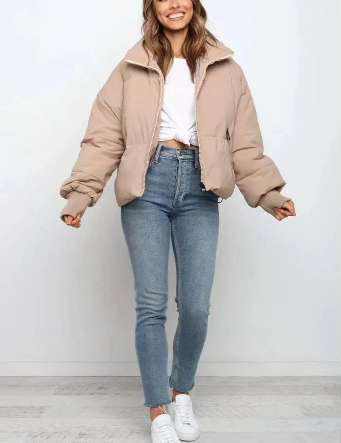 Kwoki Women's Zipper Puffer Jacket Baggy Long Sleeve Stand Collar Winter Short Down Coat