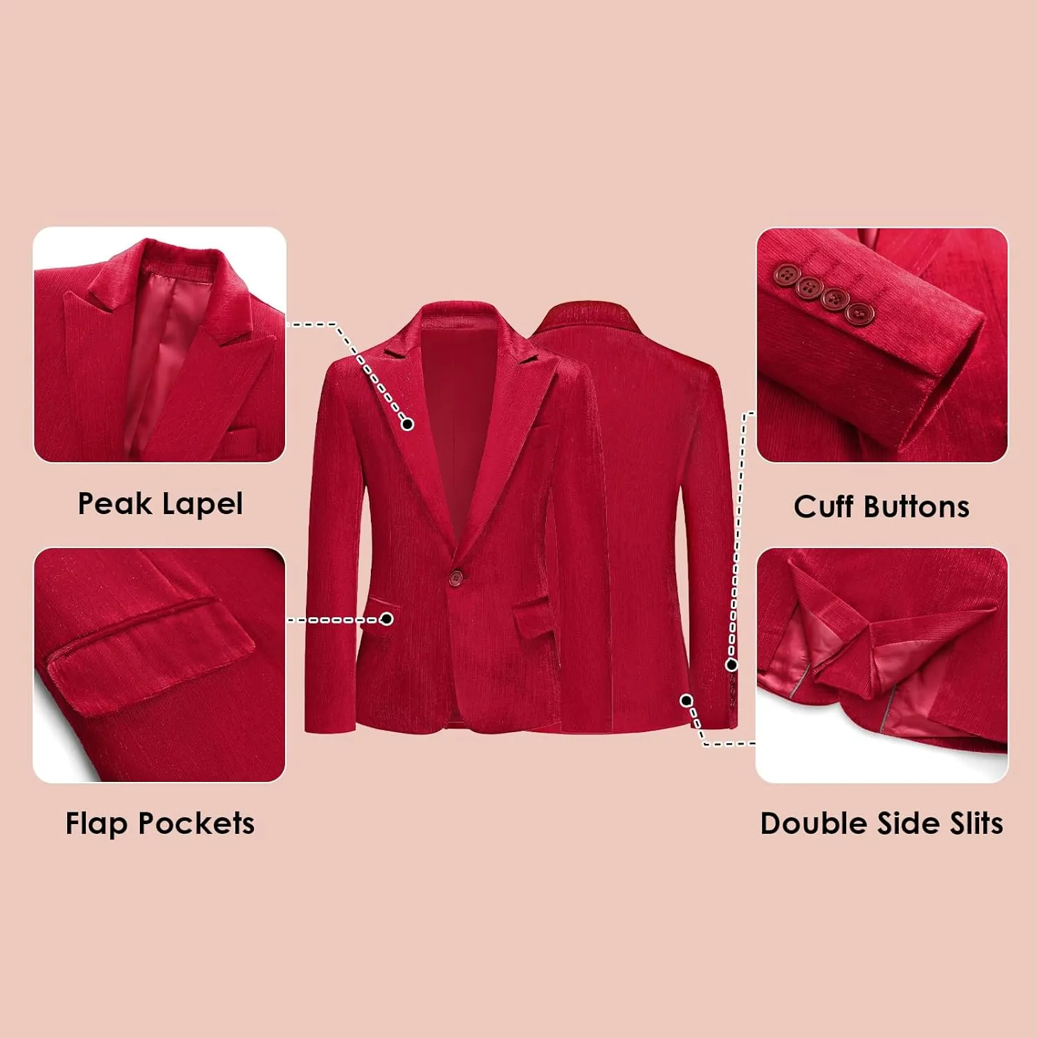 Lamgool Boys Velvet Suit Set Slim Fit Tuxedo Kids Formal Outfit 4 Piece with Blazer Jacket Shirt Pant Bow Tie for Wedding
