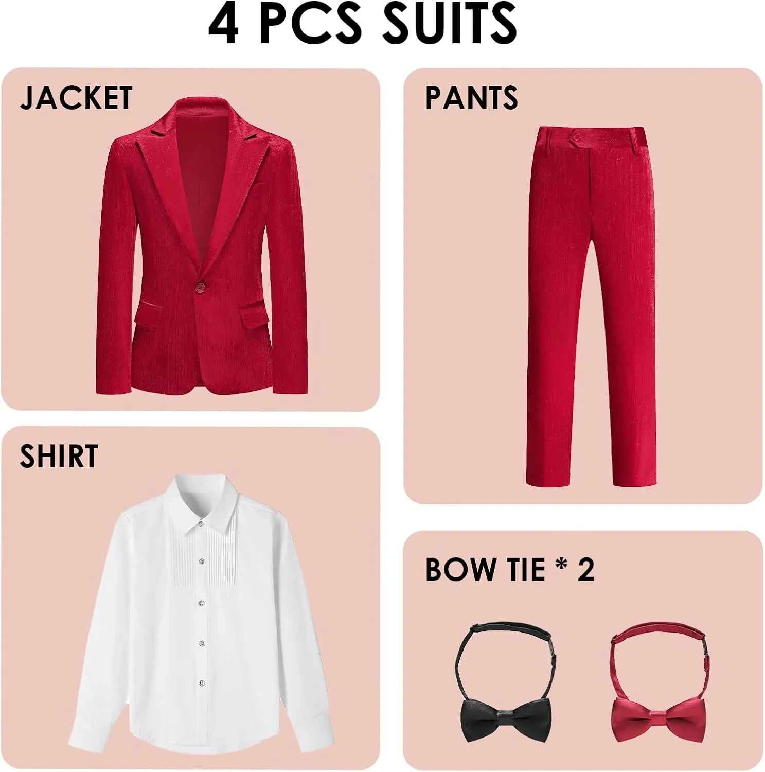 Lamgool Boys Velvet Suit Set Slim Fit Tuxedo Kids Formal Outfit 4 Piece with Blazer Jacket Shirt Pant Bow Tie for Wedding