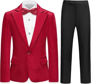 Lamgool Boys Velvet Suit Set Slim Fit Tuxedo Kids Formal Outfit 4 Piece with Blazer Jacket Shirt Pant Bow Tie for Wedding