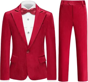 Lamgool Boys Velvet Suit Set Slim Fit Tuxedo Kids Formal Outfit 4 Piece with Blazer Jacket Shirt Pant Bow Tie for Wedding