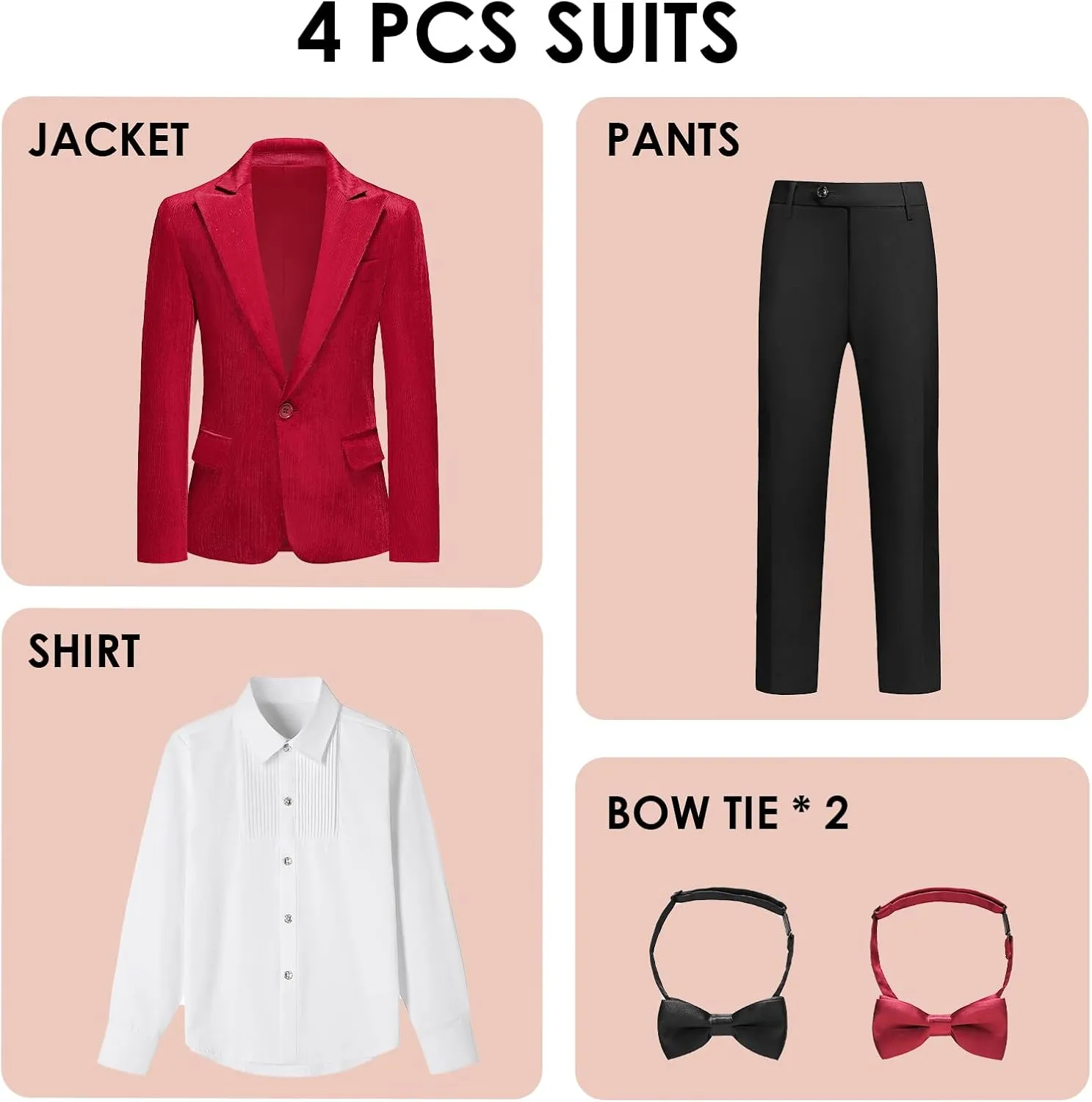Lamgool Boys Velvet Suit Set Slim Fit Tuxedo Kids Formal Outfit 4 Piece with Blazer Jacket Shirt Pant Bow Tie for Wedding