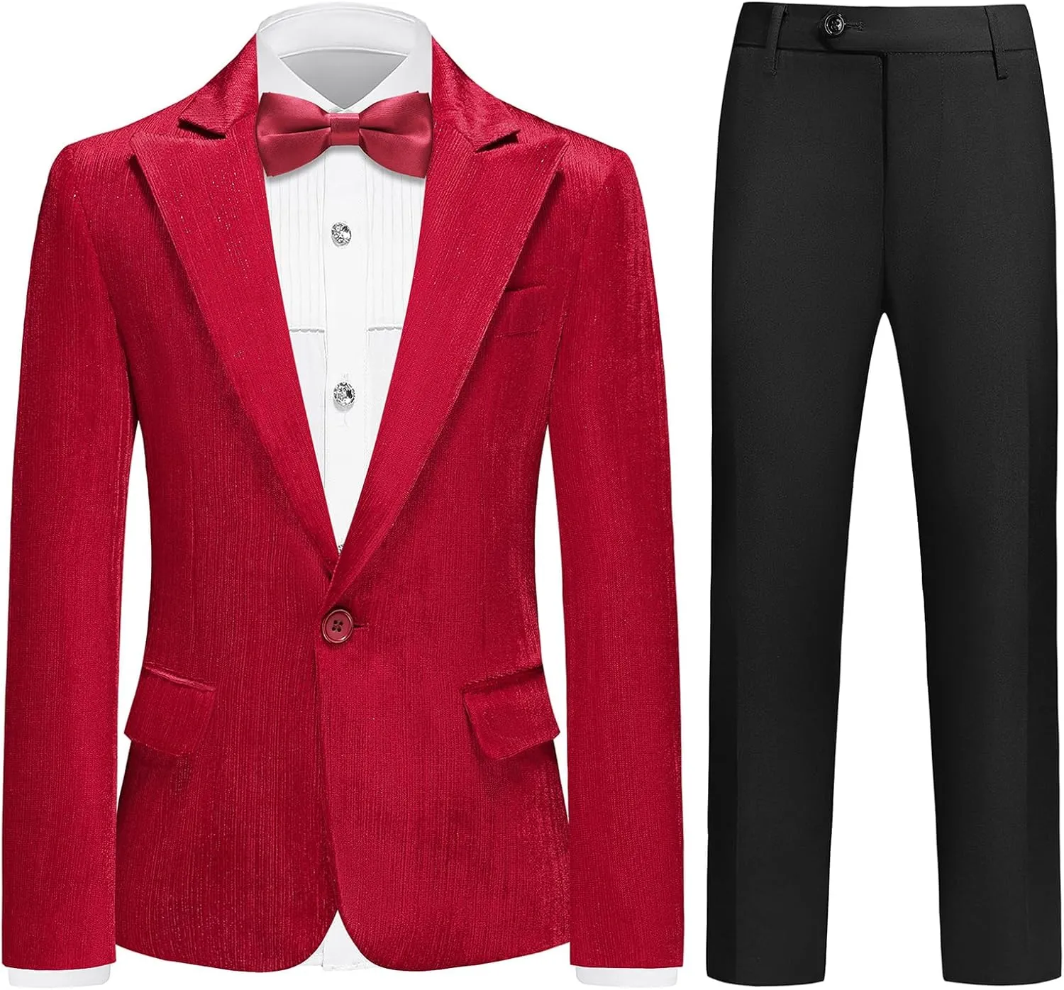 Lamgool Boys Velvet Suit Set Slim Fit Tuxedo Kids Formal Outfit 4 Piece with Blazer Jacket Shirt Pant Bow Tie for Wedding