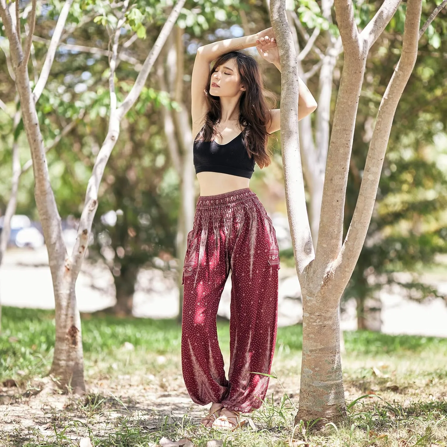 Lannaclothesdesign Women's Smocked Waist Boho Flowy Yoga Harem Pants Hippie Clothes