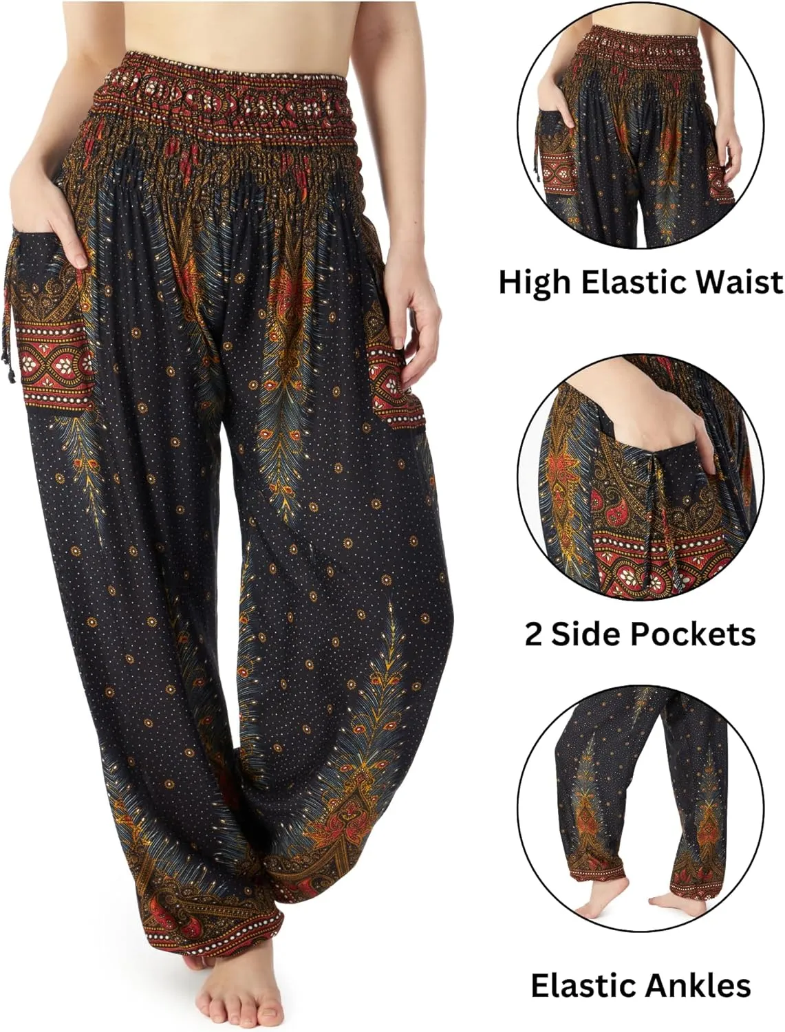 Lannaclothesdesign Women's Smocked Waist Boho Flowy Yoga Harem Pants Hippie Clothes