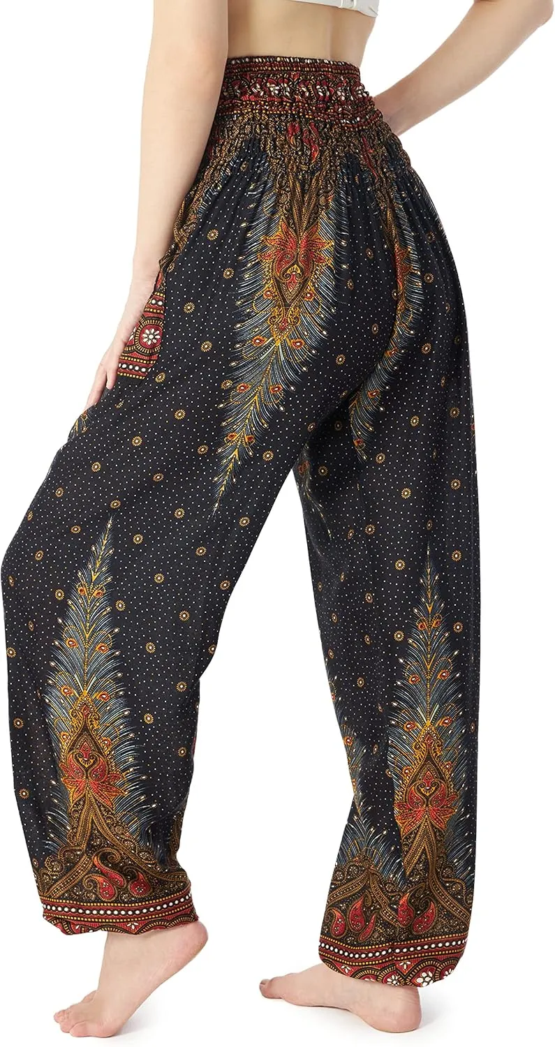 Lannaclothesdesign Women's Smocked Waist Boho Flowy Yoga Harem Pants Hippie Clothes