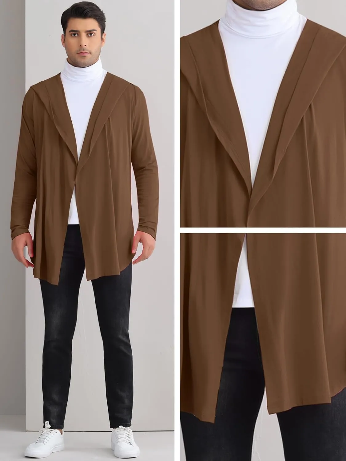 Lars Amadeus Hooded Cardigan for Men's Lightweight Shawl Collar Long Sleeves Open Front Draped Cardigans