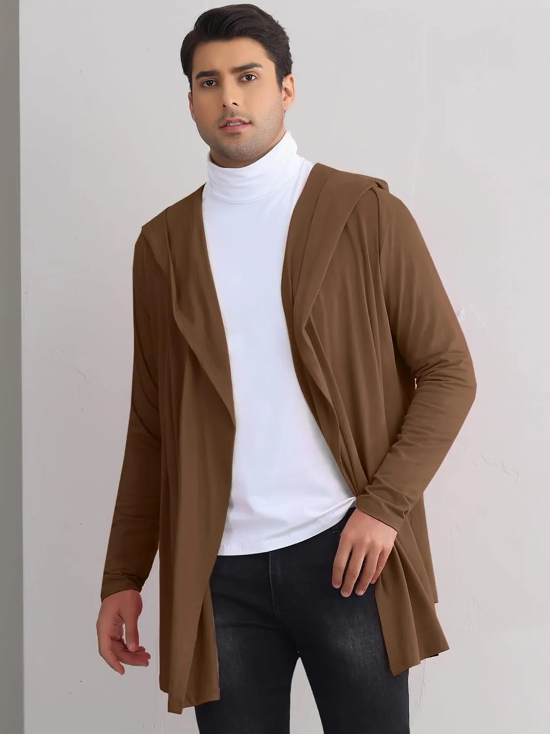 Lars Amadeus Hooded Cardigan for Men's Lightweight Shawl Collar Long Sleeves Open Front Draped Cardigans
