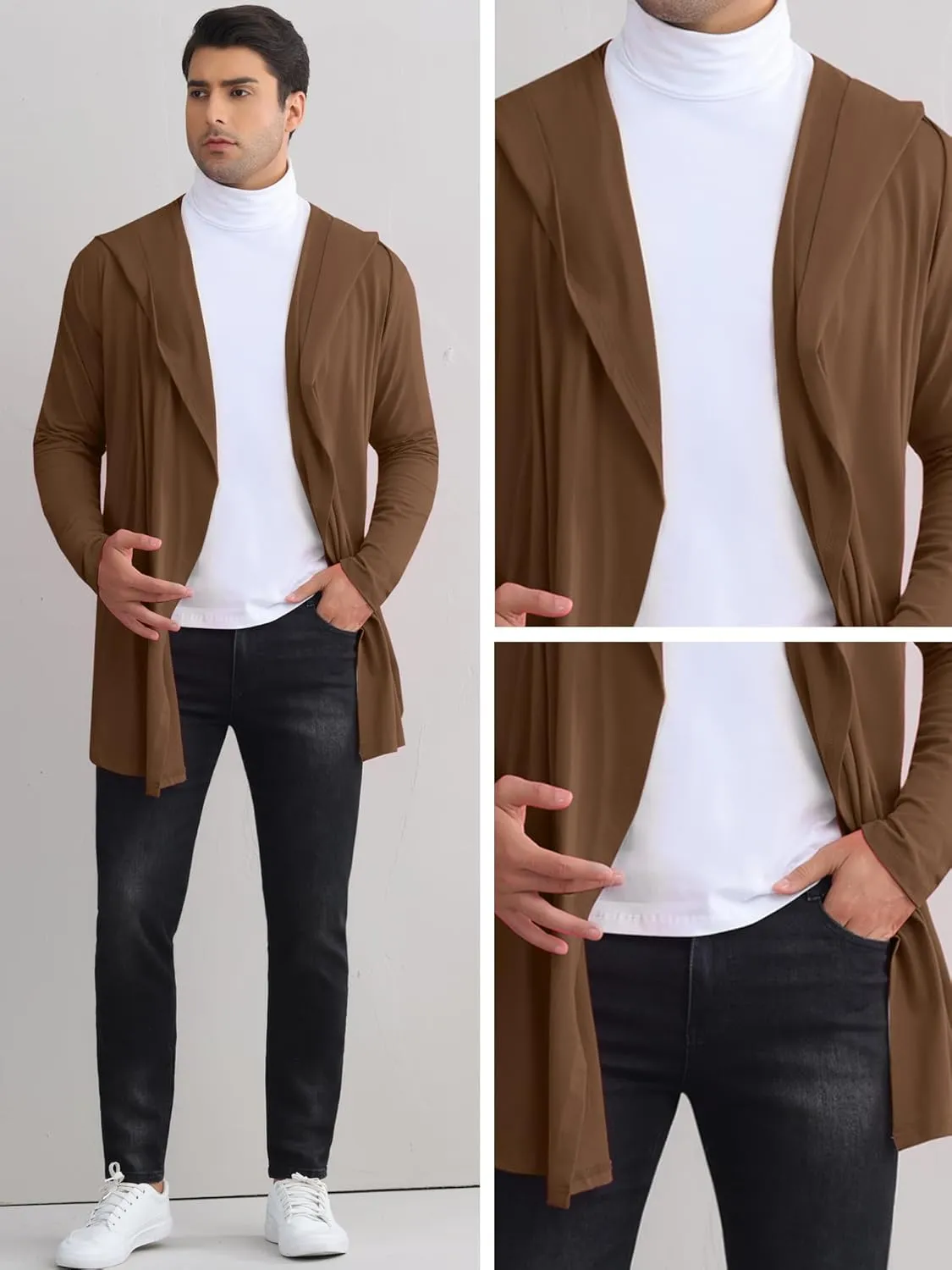 Lars Amadeus Hooded Cardigan for Men's Lightweight Shawl Collar Long Sleeves Open Front Draped Cardigans