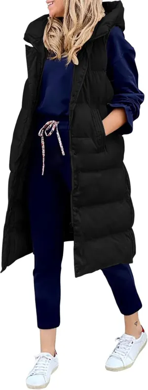 LEANI Womens Long Puffer Vest Full-Zip Hooded Sleeveless Jacket Coats with Pockets