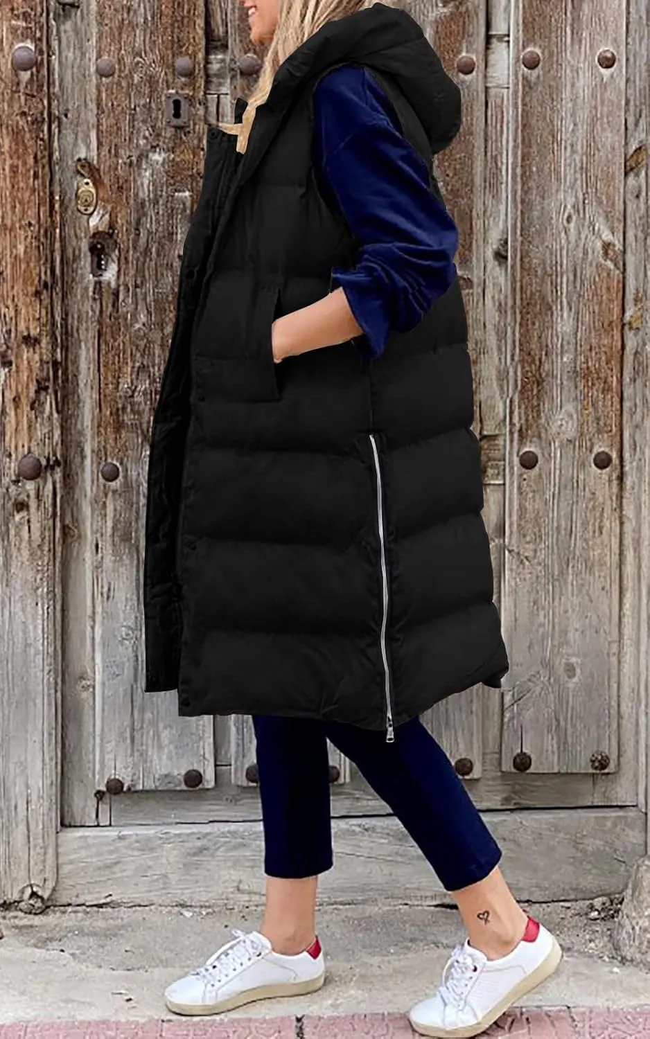 LEANI Womens Long Puffer Vest Full-Zip Hooded Sleeveless Jacket Coats with Pockets