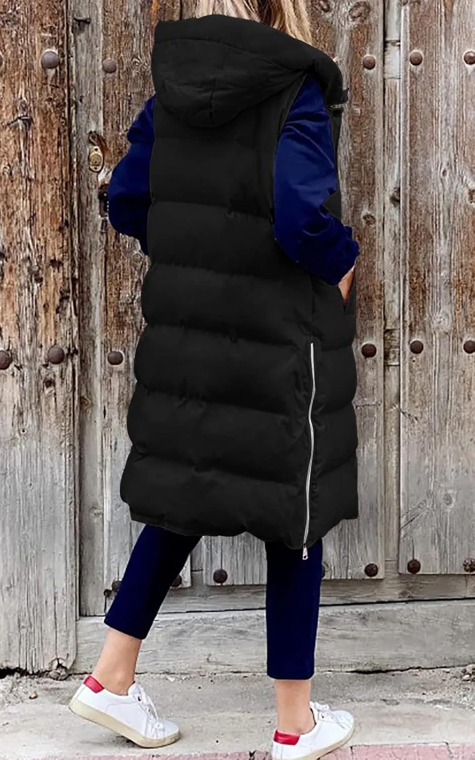 LEANI Womens Long Puffer Vest Full-Zip Hooded Sleeveless Jacket Coats with Pockets