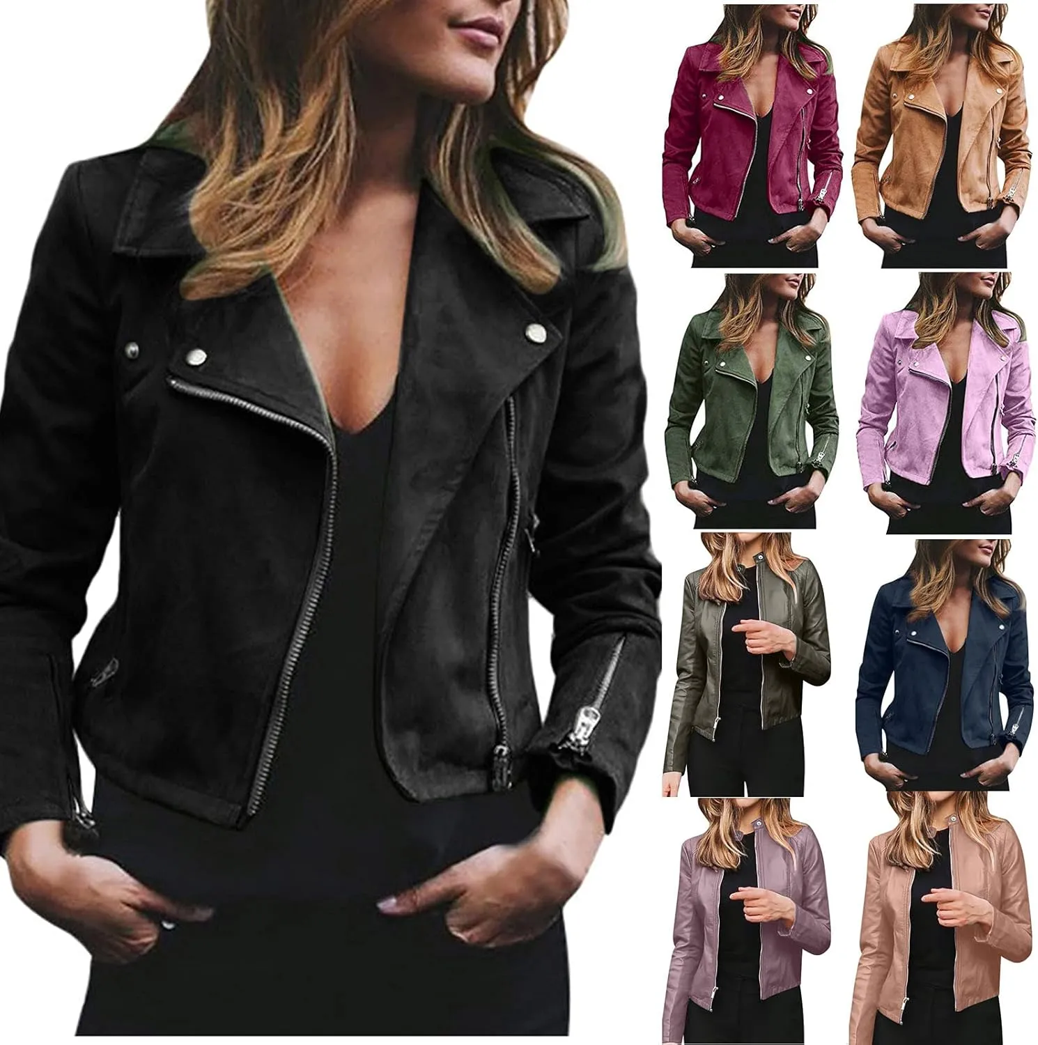 Leather Jacket Women Faux Suede Leather Jacket Zip Up Motorcycle Jacket Open Front Coat Cropped Jacket Vintage Coat