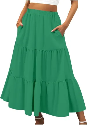 Leather Skirt Plus Size Women S Summer Boho Elastic Waist Pleated A Line Flowy Swing Tiered Long Beach Skirt