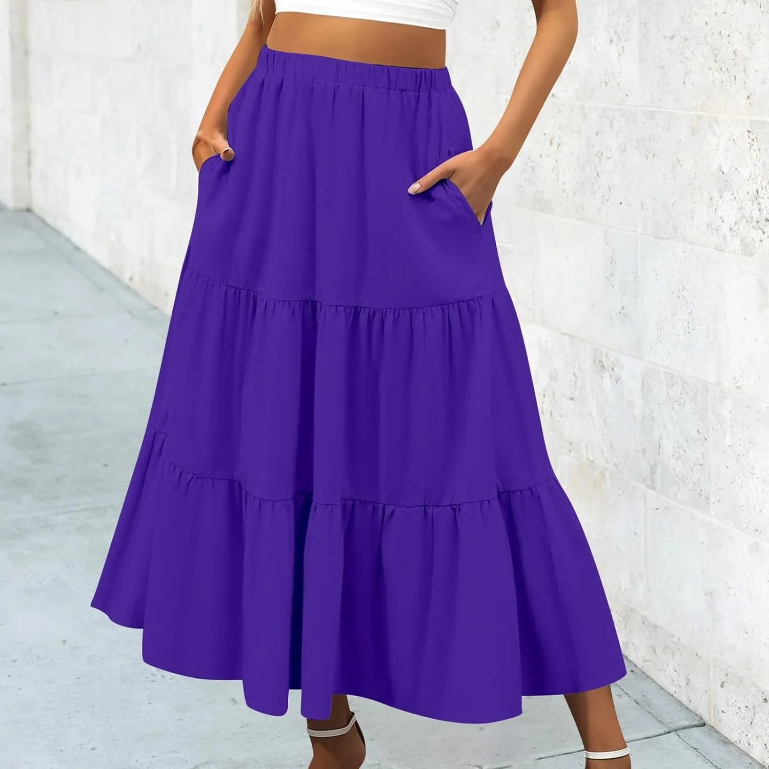 Leather Skirt Plus Size Women S Summer Boho Elastic Waist Pleated A Line Flowy Swing Tiered Long Beach Skirt