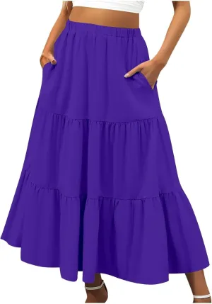 Leather Skirt Plus Size Women S Summer Boho Elastic Waist Pleated A Line Flowy Swing Tiered Long Beach Skirt