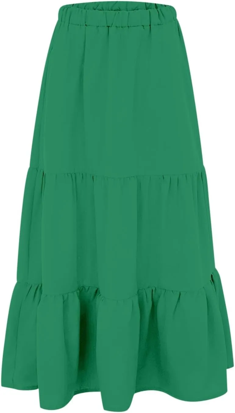 Leather Skirt Plus Size Women S Summer Boho Elastic Waist Pleated A Line Flowy Swing Tiered Long Beach Skirt