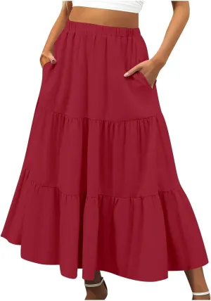 Leather Skirt Plus Size Women S Summer Boho Elastic Waist Pleated A Line Flowy Swing Tiered Long Beach Skirt