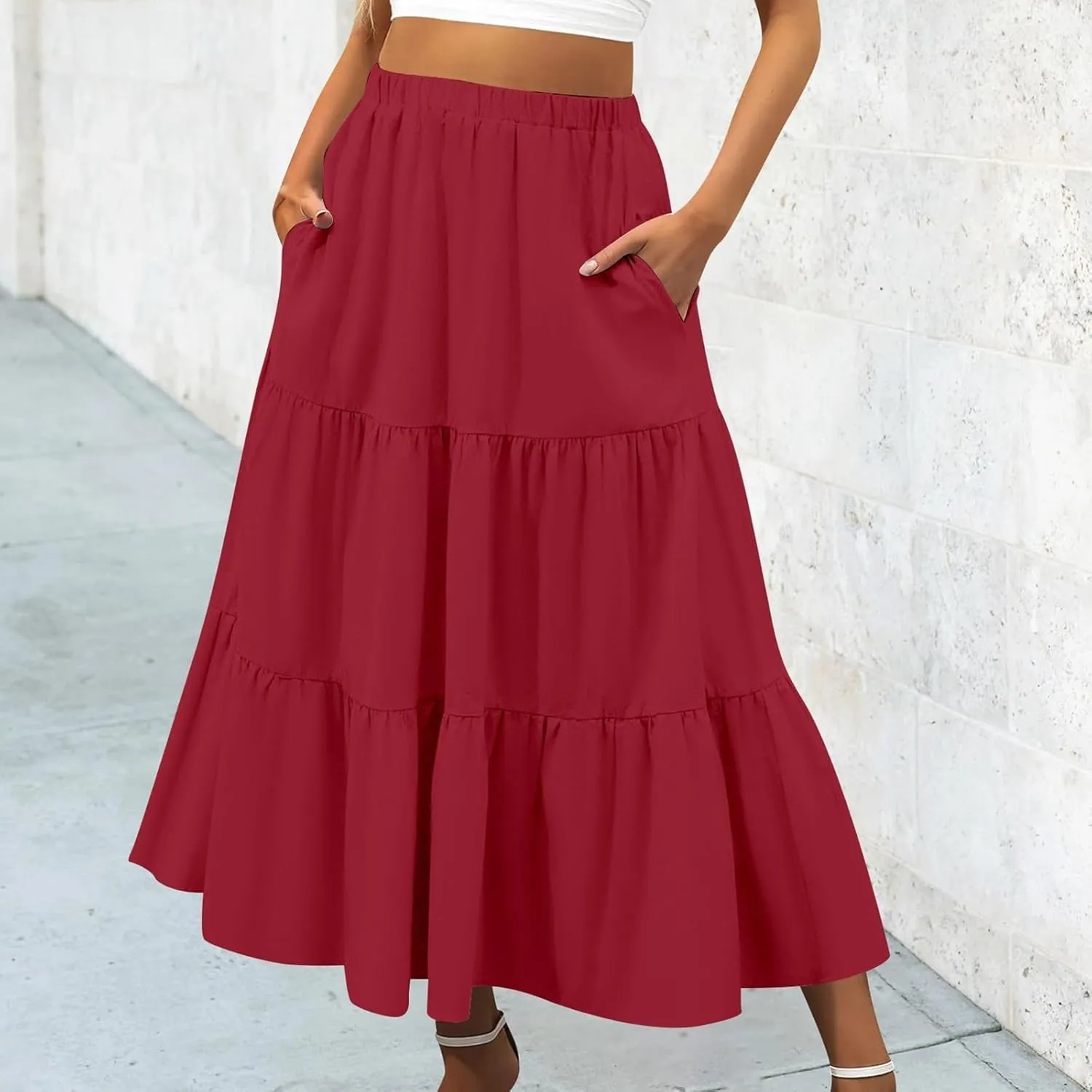 Leather Skirt Plus Size Women S Summer Boho Elastic Waist Pleated A Line Flowy Swing Tiered Long Beach Skirt