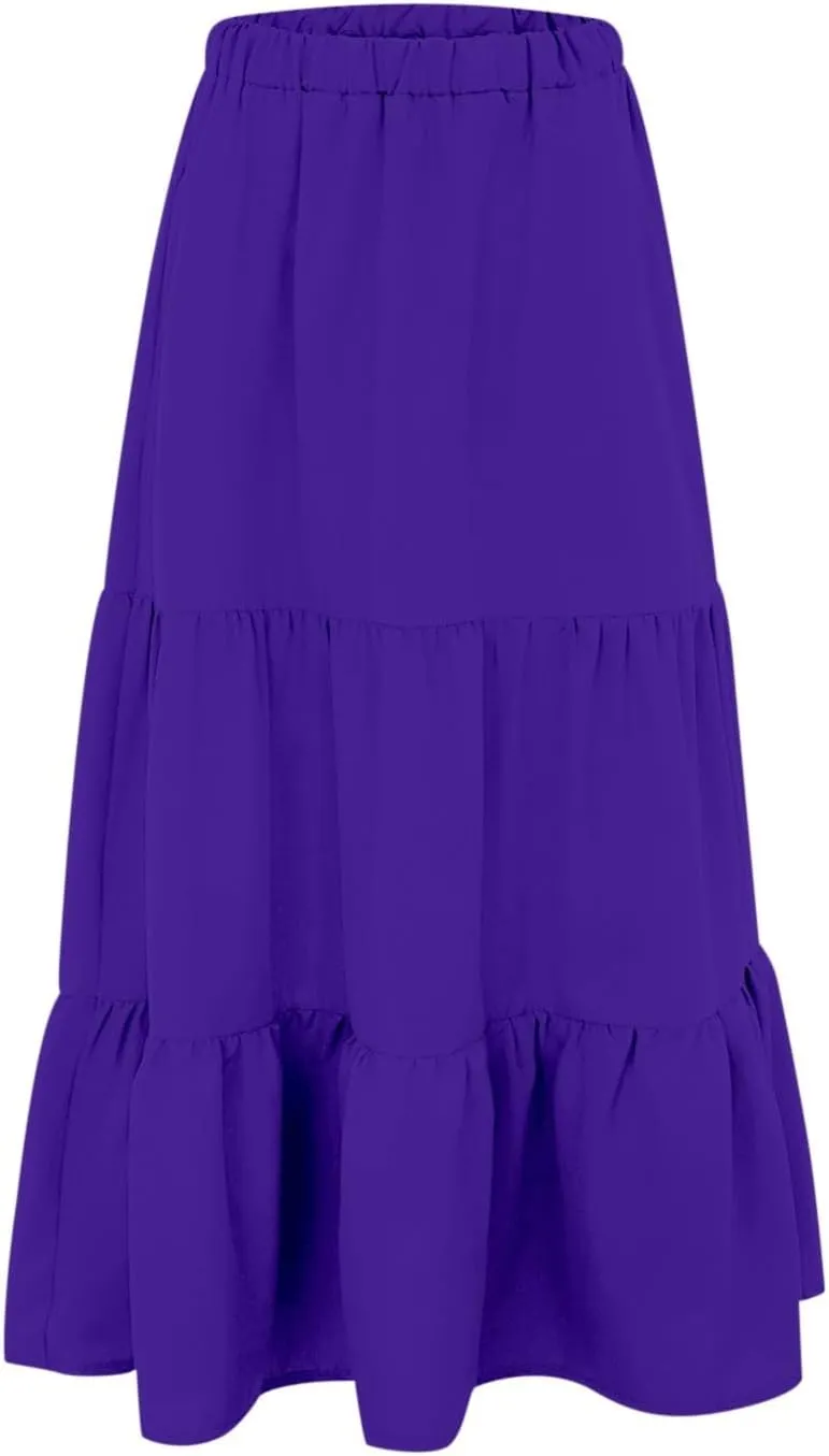 Leather Skirt Plus Size Women S Summer Boho Elastic Waist Pleated A Line Flowy Swing Tiered Long Beach Skirt